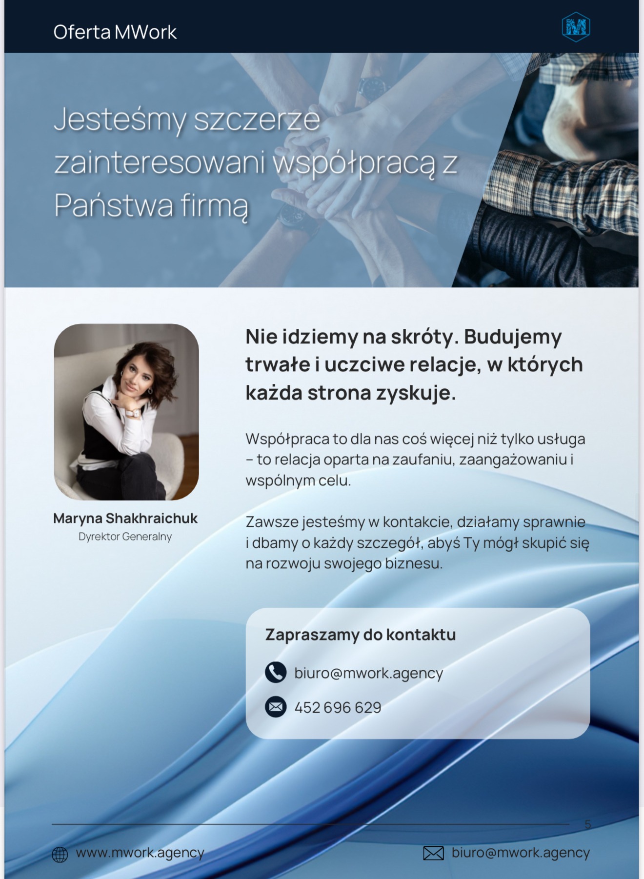 Grafika reklamowa agencji rekrutacyjnej: dłonie symbolizujące współpracę, zdjęcie dyrektor generalnej i hasła o budowaniu trwałych relacji.