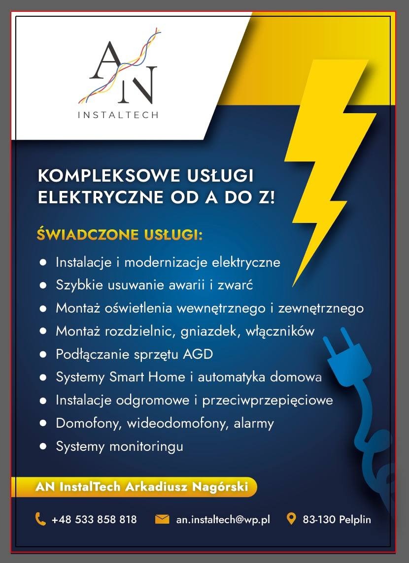 Grafika reklamowa usług elektrycznych: kompleksowe instalacje, szybkie usuwanie awarii, montaż oświetlenia, systemy Smart Home i monitoring. Logo firmy InstalTech.