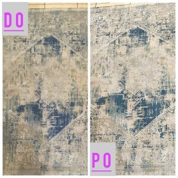 LEXTAN ANATOLII CHEREDNYCHENKO - Dywan wzorzysty w odcieniach beżu i błękitu, podzielony na dwie części: 'przed' (zabrudzony) i 'po' (wyczyszczony), usługa wykonana w Warszawie.