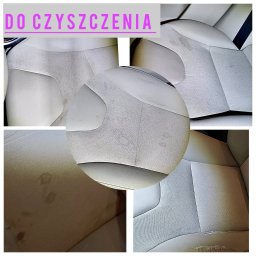 LEXTAN ANATOLII CHEREDNYCHENKO - Kolaż z widokiem na zabrudzone, jasne obicia fotela samochodowego, wymagające czyszczenia. Widoczne plamy i zacieki na różnych fragmentach tapicerki.