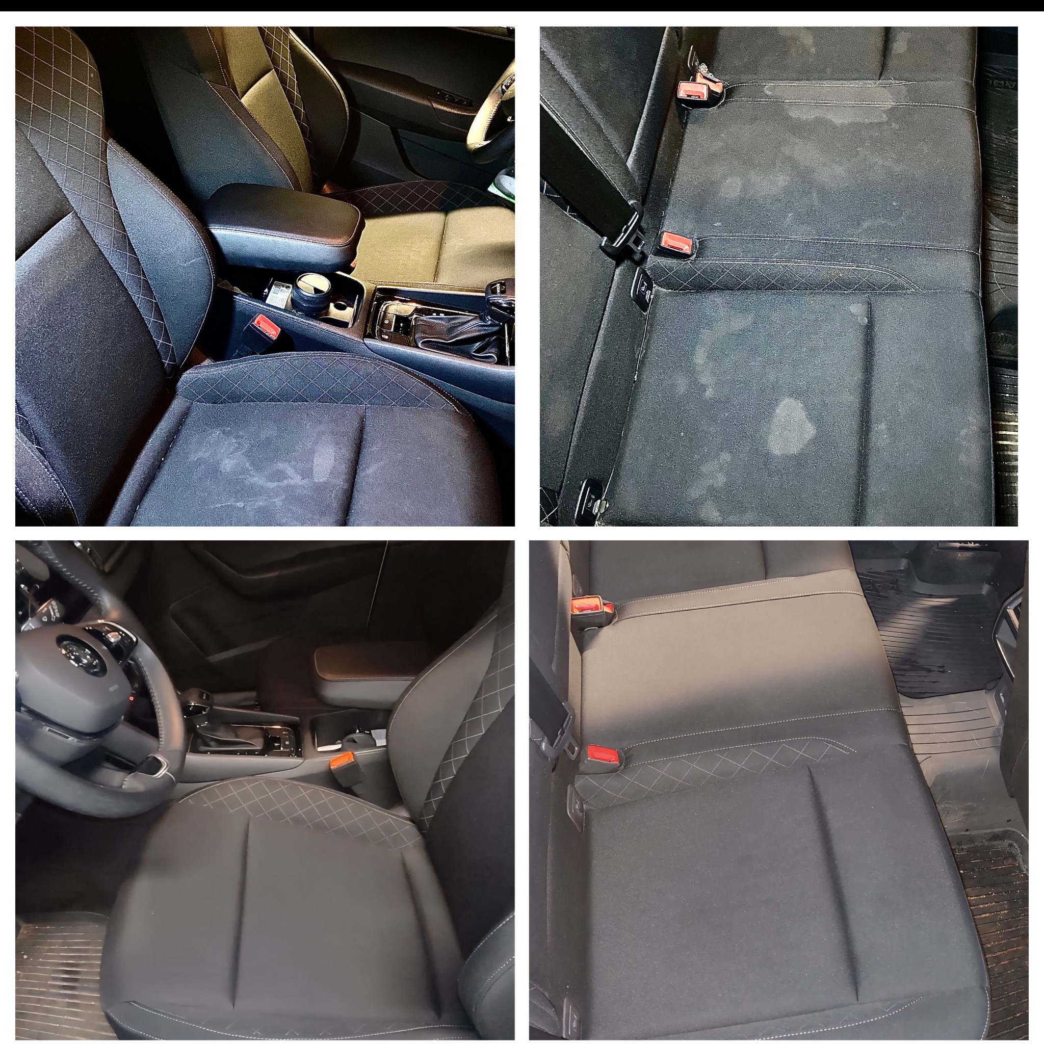 Cztery kadry wnętrza auta: tapicerka foteli przed i po czyszczeniu. Widoczne plamy na materiale i odświeżona, czysta powierzchnia po zabiegu.