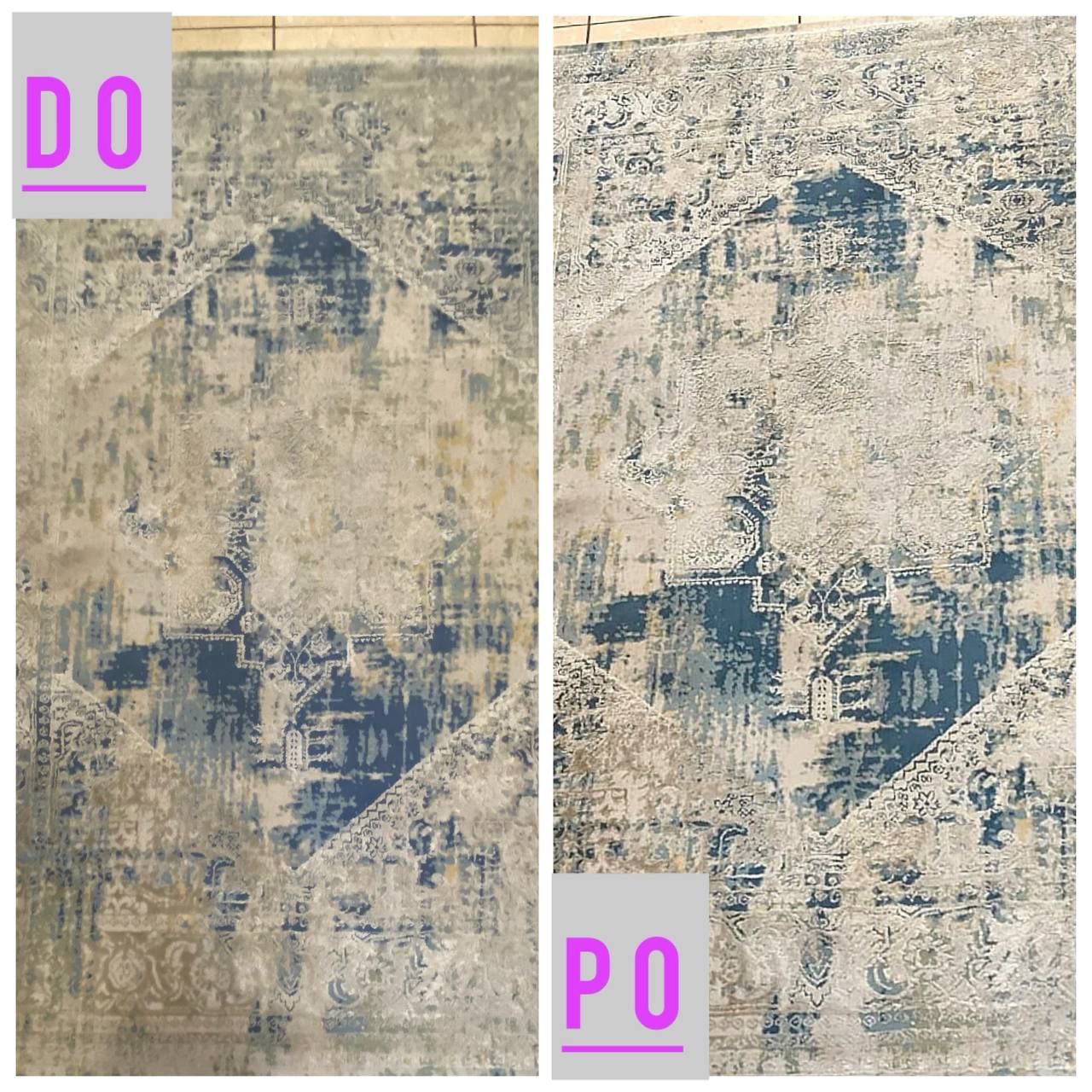 Dywan wzorzysty w odcieniach beżu i błękitu, podzielony na dwie części: 'przed' (zabrudzony) i 'po' (wyczyszczony), usługa wykonana w Warszawie.