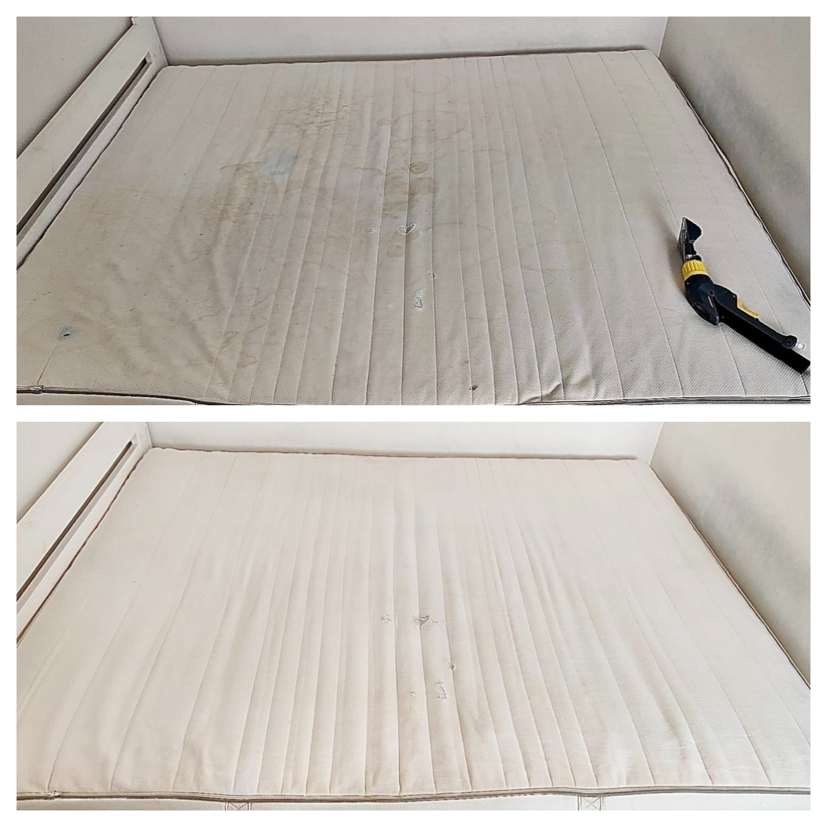 Materac po praniu: widoczne plamy przed i czysty po zabiegu. Na górze brudny materac, na dole wyczyszczony. Dysza odkurzacza piorącego w prawym górnym rogu.