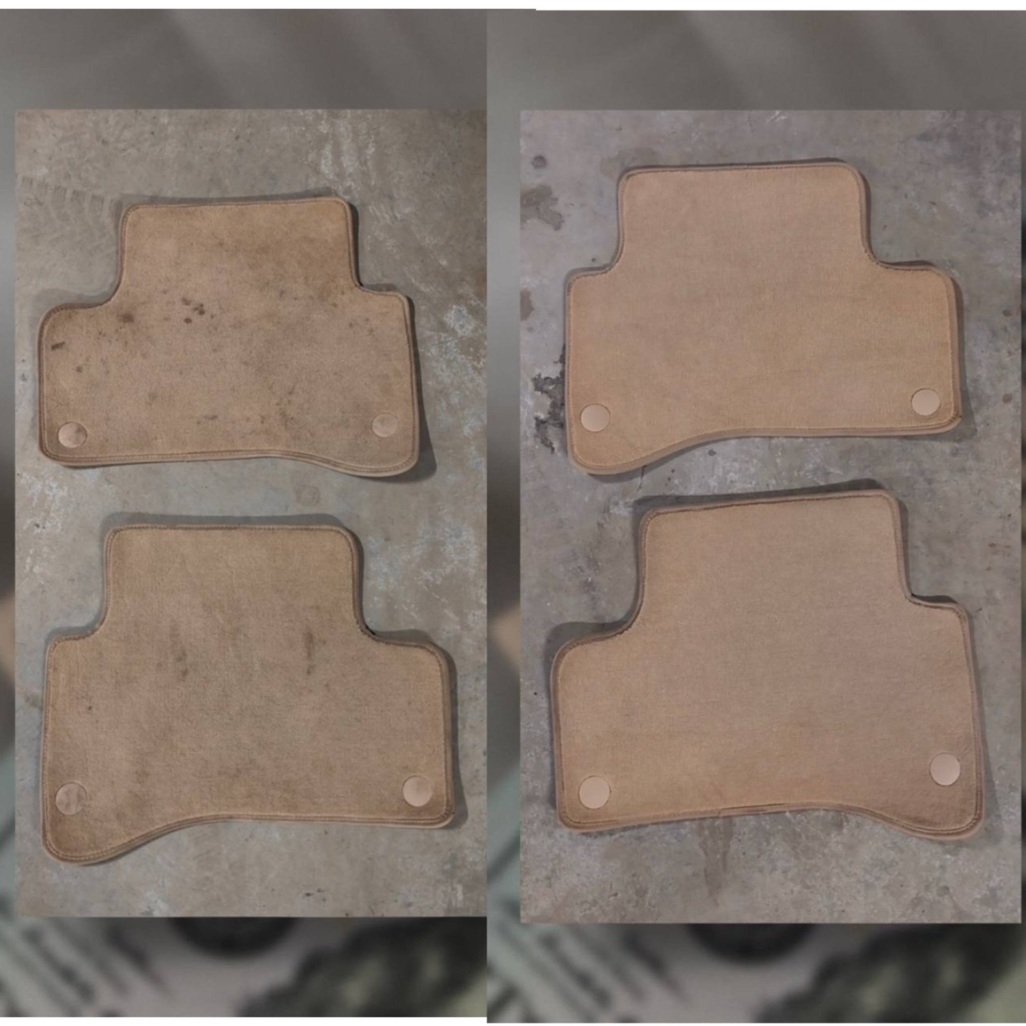 Dwa beżowe dywaniki samochodowe: po lewej stronie brudne, po prawej czyste, ukazujące efekt prania. Widoczne detale faktury i różnica w kolorze.