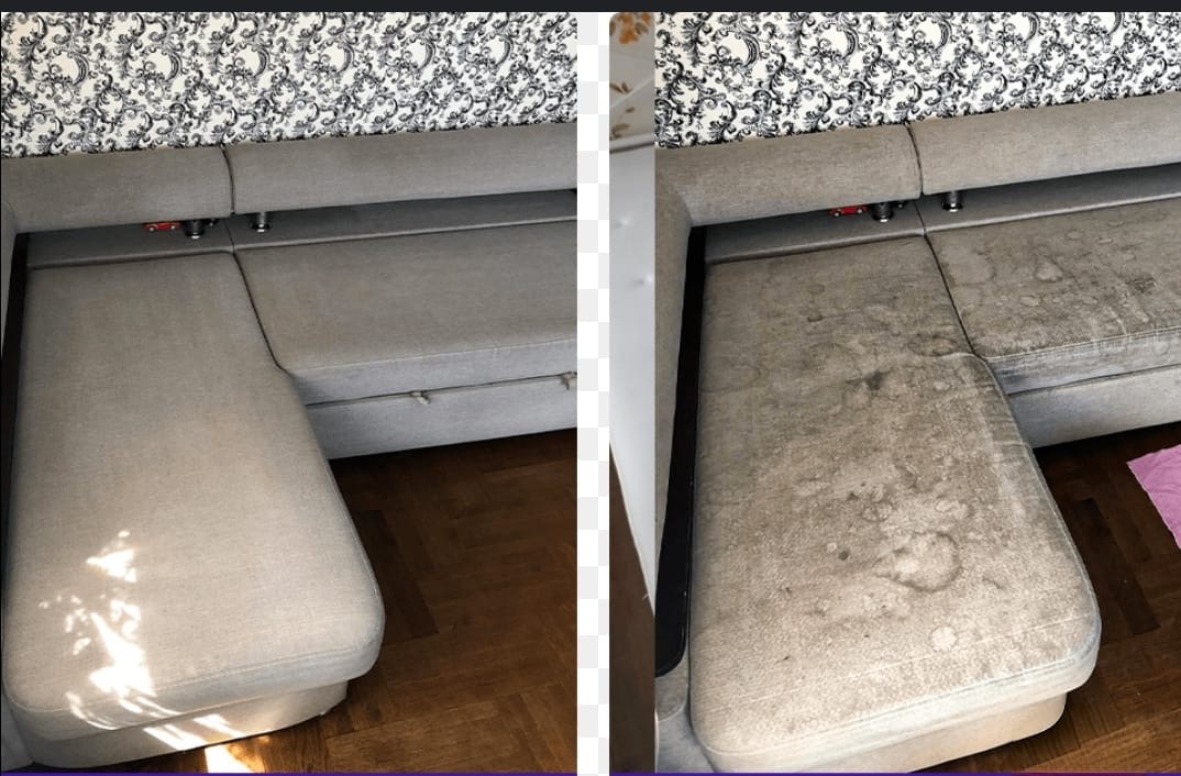 Zdjęcie narożnika tapicerowanego typu 'przed i po' praniu. Lewa strona czysta, prawa z widocznymi plamami. W tle wzorzysta tapeta.