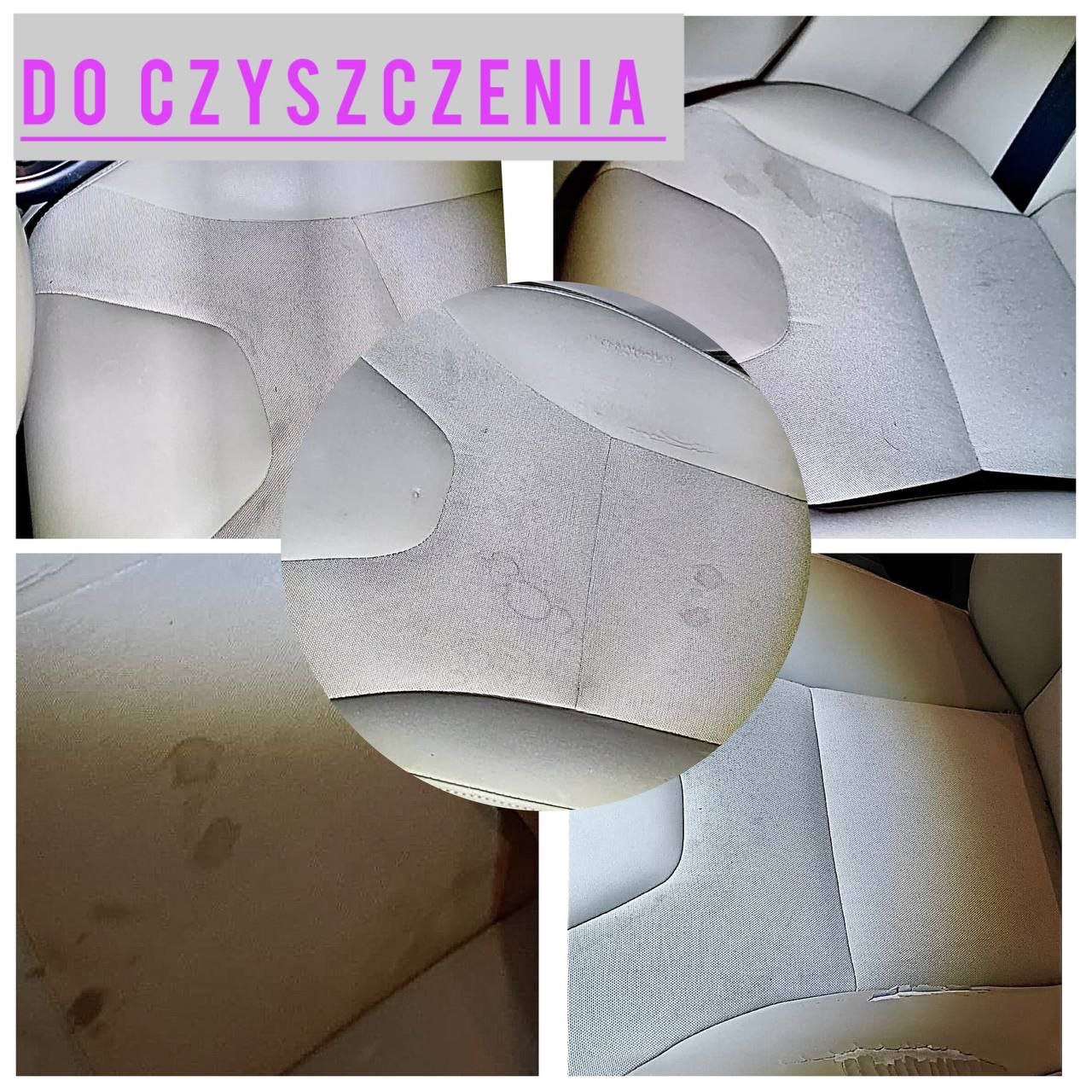 Kolaż z widokiem na zabrudzone, jasne obicia fotela samochodowego, wymagające czyszczenia. Widoczne plamy i zacieki na różnych fragmentach tapicerki.