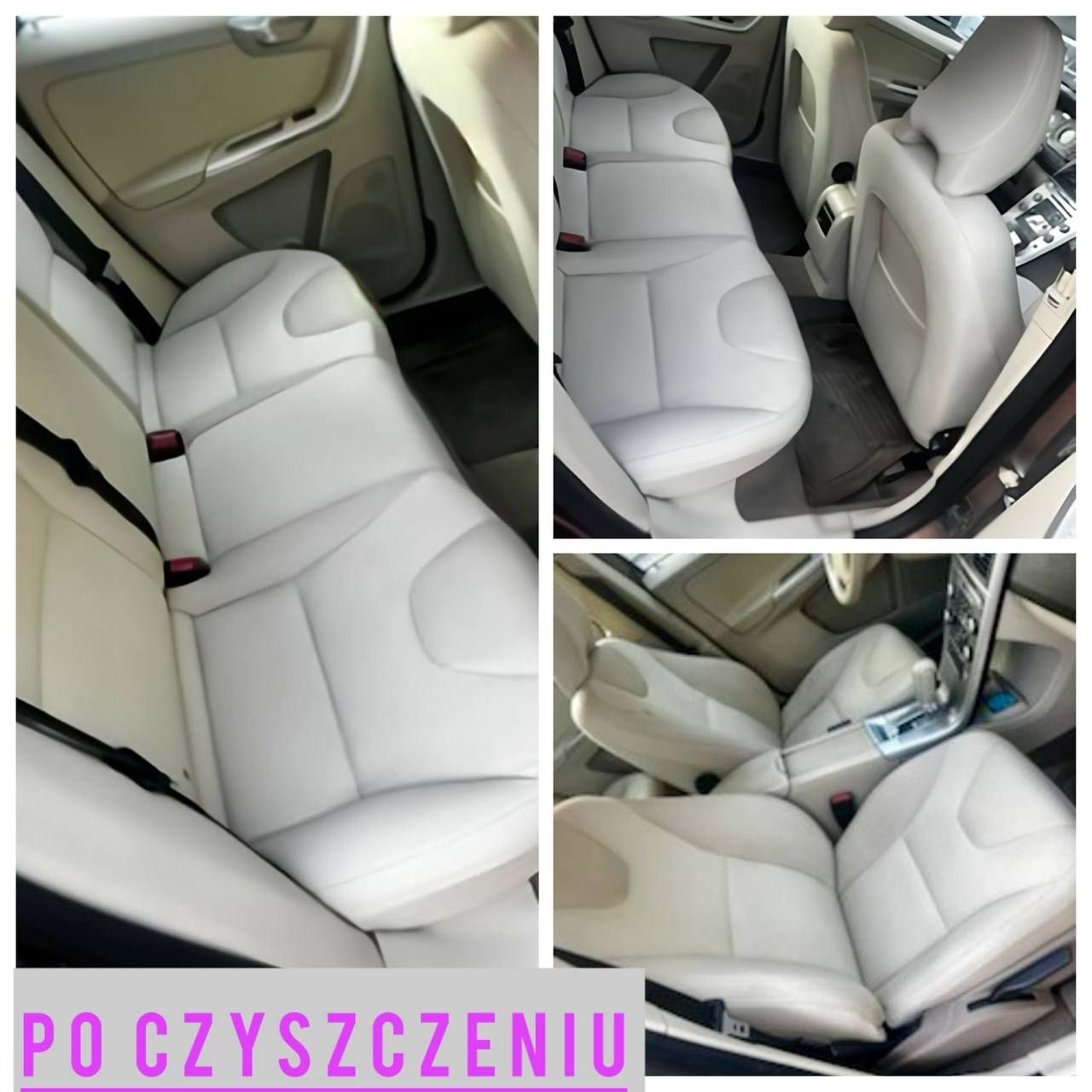 Kolaż prezentujący wnętrze samochodu z jasną skórzaną tapicerką po czyszczeniu. Widoczne fotele przednie i tylne, ukazane z różnych perspektyw.