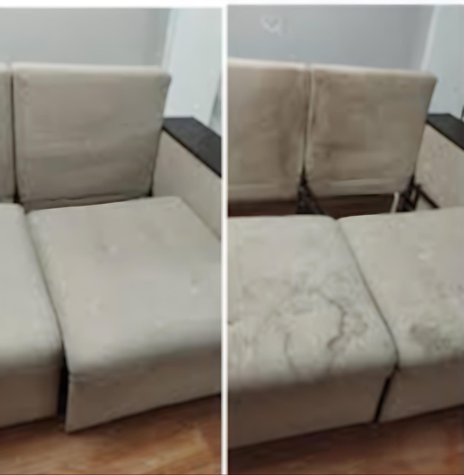 Kanapa w odcieniach beżu, ujęcie typu 'przed i po' z widoczną różnicą w czystości tapicerki na poszczególnych fragmentach mebla.