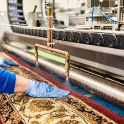 Profesjonalne pranie dywanu orientalnego z użyciem specjalistycznej maszyny z dyszami i niebieskim podkładem, obsługiwane przez osobę w niebieskich rękawiczkach.