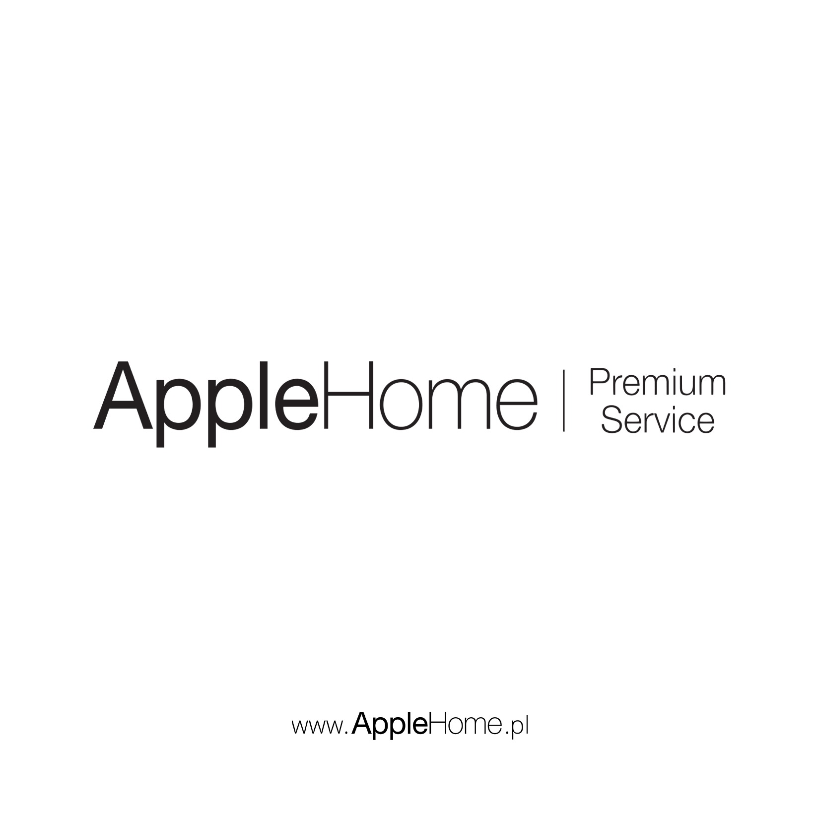 Minimalistyczne logo AppleHome Premium Service na białym tle, z adresem strony internetowej poniżej. Prosty, nowoczesny design w czerni i bieli.