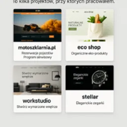 Portfolio: Prezentacja czterech projekt&oacute;w stron WWW i sklep&oacute;w online z motywami: motoryzacja, eko produkty, wnętrza i zegarki. Minimalistyczny design, r&oacute;żne układy graficzne.