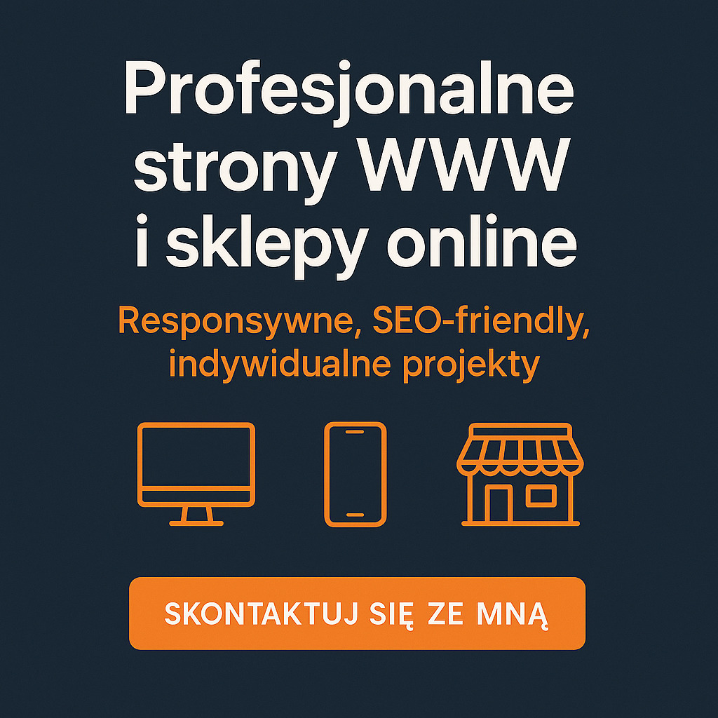 Profesjonalne strony WWW i sklepy online. Responsywne, SEO-friendly, indywidualne projekty. Grafika z ikonami komputera, smartfona i sklepu. Przycisk 'Skontaktuj się ze mną'.