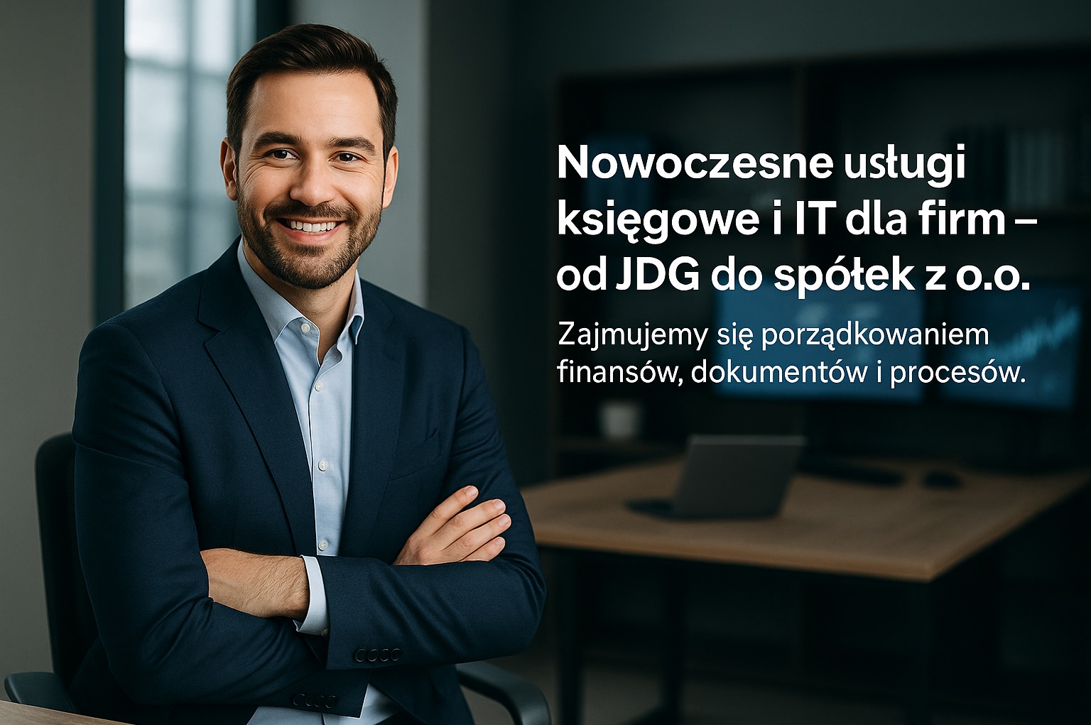 Uśmiechnięty mężczyzna w garniturze, na tle biura z laptopem i tekstem o usługach księgowych i IT dla firm.