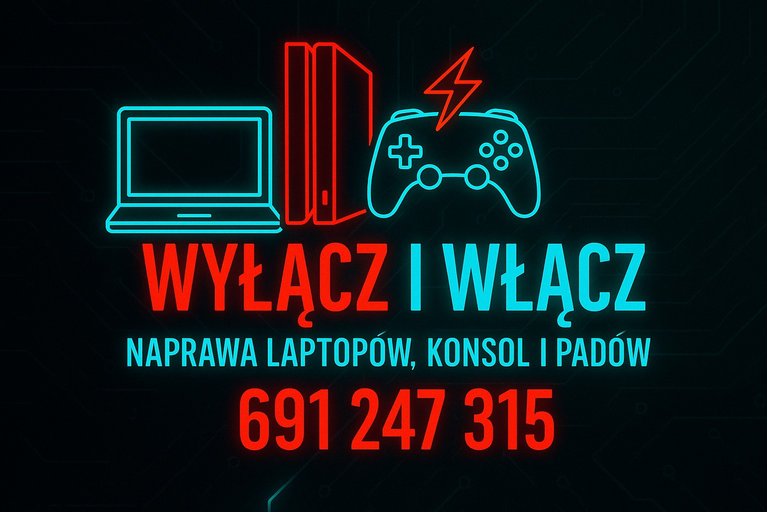 Neonowa grafika z laptopem, konsolą i padem. Naprawa laptopów, konsol i padów. Wyłącz i włącz. Numer telefonu.