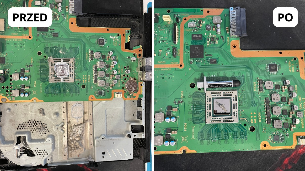 Płyta główna konsoli przed czyszczeniem z kurzu i wymianą pasty termoprzewodzącej (PRZED) i po (PO), widoczna tubka Arctic Silver 5.
