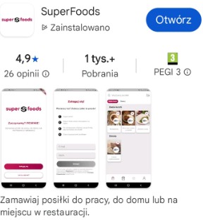 Aplikacja mobilna SuperFoods na ekranie smartfona. Widoczne ekrany z menu, formularzem rejestracji i danymi pobrań. Zamawianie posiłków do biura, domu i restauracji.