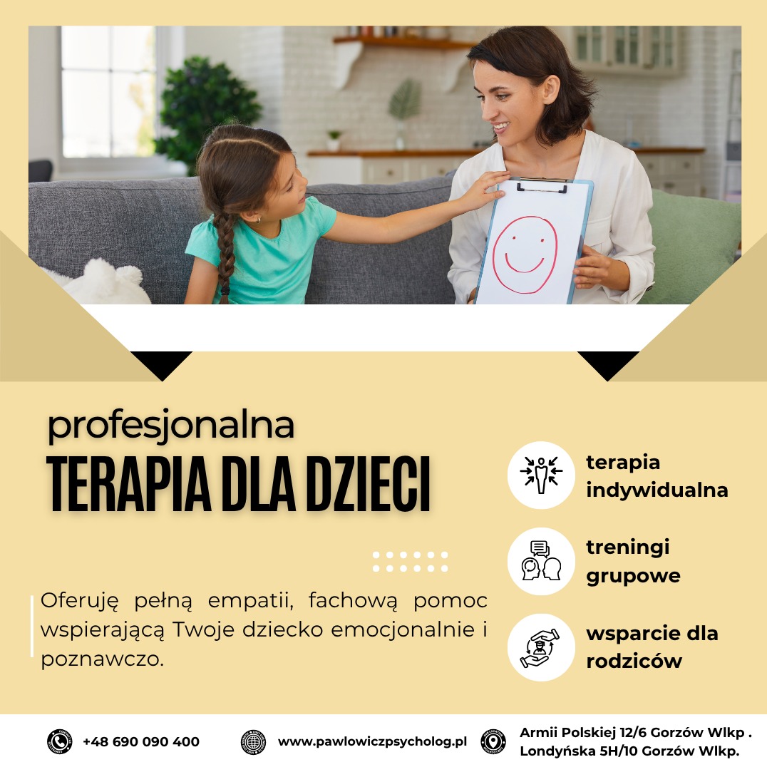 Psycholog dziecięcy prowadzi sesję terapeutyczną z dziewczynką, używając tablicy z rysunkiem uśmiechniętej buzi w jasnym, domowym otoczeniu.