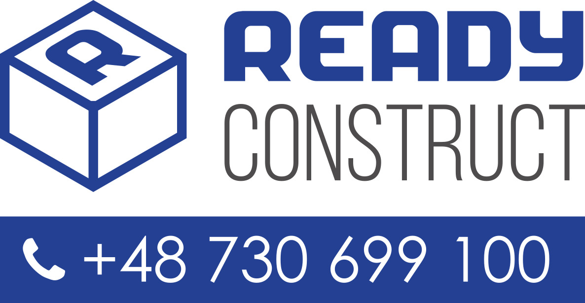 Logo firmy Ready Construct z niebieskim sześcianem z literą R, nazwą i numerem telefonu na białym i niebieskim tle.