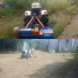 SzwagroGród - Dwuobrazowe ujęcie: zarośnięty teren przed traktorem z kosiarką rotacyjną KS 95 i ten sam teren po koszeniu, z widocznym budynkiem w tle.