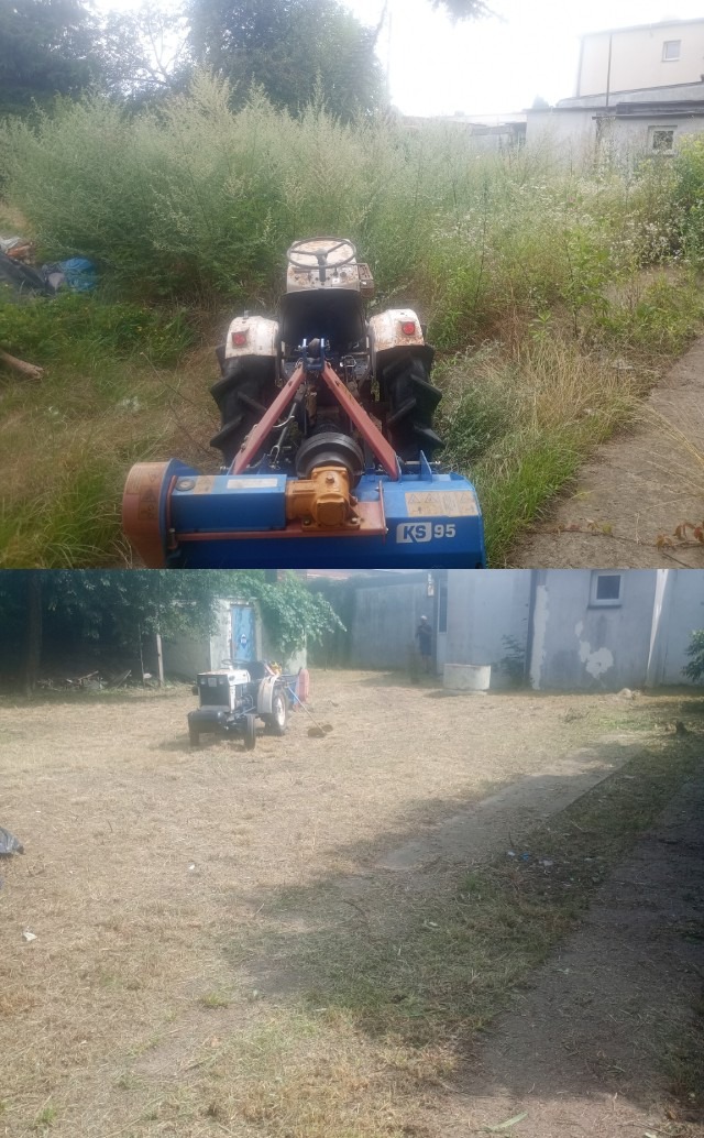 Dwuobrazowe ujęcie: zarośnięty teren przed traktorem z kosiarką rotacyjną KS 95 i ten sam teren po koszeniu, z widocznym budynkiem w tle.