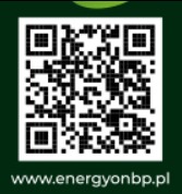 Kwadratowy kod QR na ciemnozielonym tle z adresem strony internetowej energyonbp.pl, służący do szybkiego przekierowania na stronę firmy.