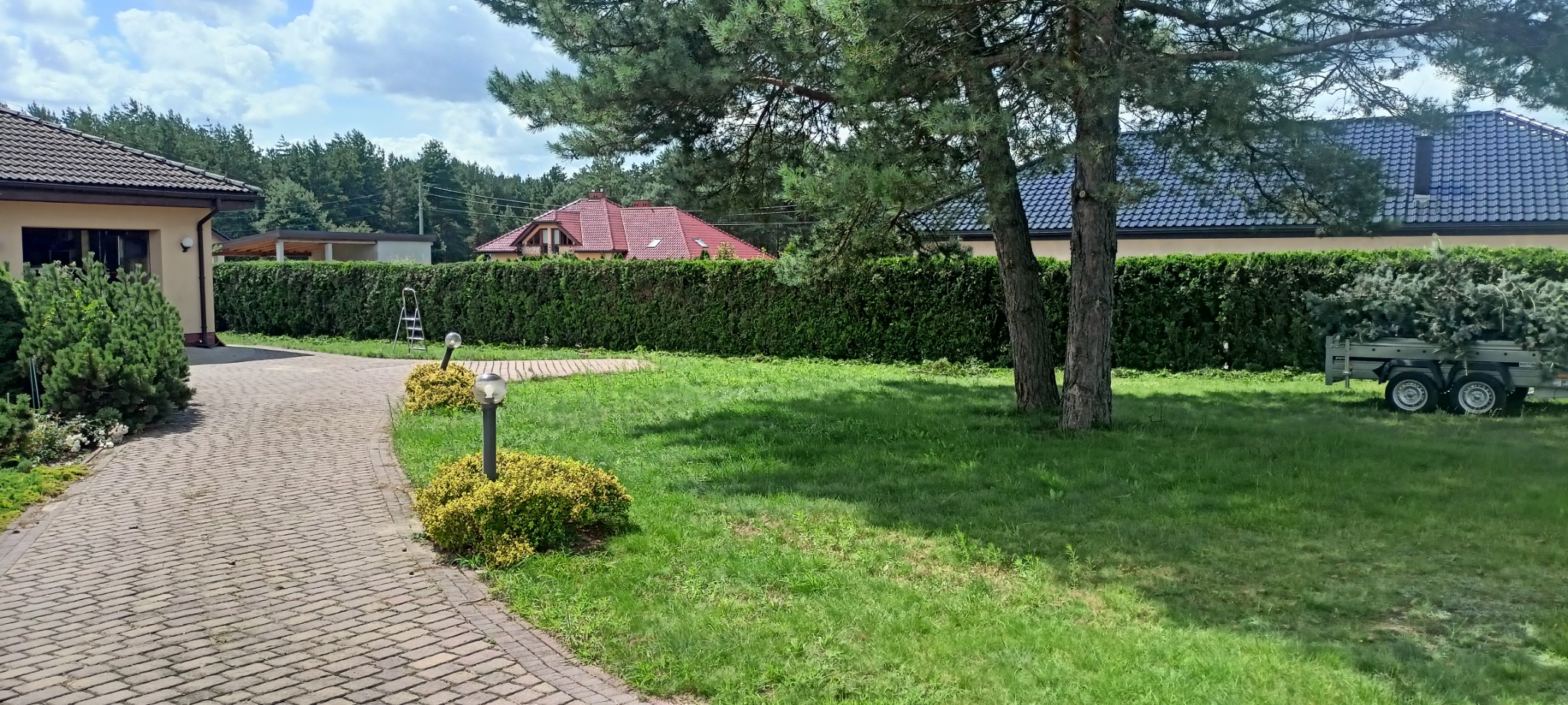 Zadbany ogród z równo przyciętym żywopłotem, trawą i ozdobnymi krzewami. Przyczepka z gałęziami. Widoczny budynek z kostką brukową i lampami ogrodowymi.