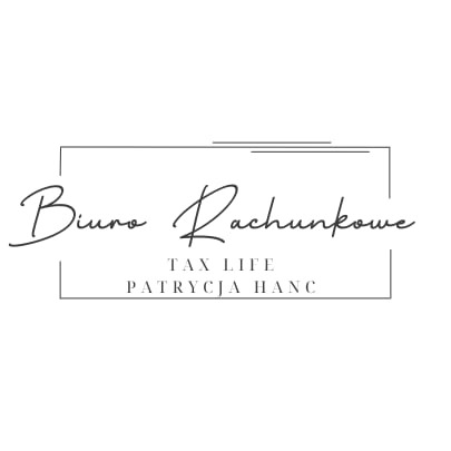 Logo Biura Rachunkowego 'TAX LIFE Patrycja Hanc' w minimalistycznej oprawie graficznej, czcionka w stylu pisma odręcznego, na białym tle.