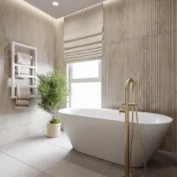Elegancka łazienka: wolnostojąca wanna, złota armatura, teksturowana ściana i minimalistyczny grzejnik na ręczniki, dopełniona rośliną w plecionym koszu.