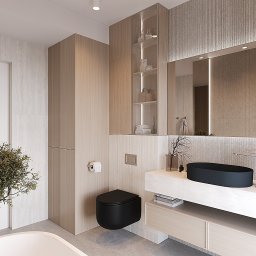 DZ Interiors - Nowoczesna łazienka z czarną miską WC i umywalką nablatową. Jasne drewno, minimalistyczny design, dekoracyjna roślina. Oświetlenie LED podkreśla elegancję wnętrza.