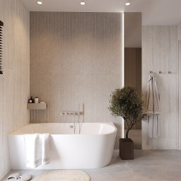 DZ Interiors - Nowoczesna łazienka z wolnostojącą wanną, minimalistyczną armaturą i rośliną w donicy. Stonowana kolorystyka, drewniane żaluzje i tekstylia dopełniają aranżację.