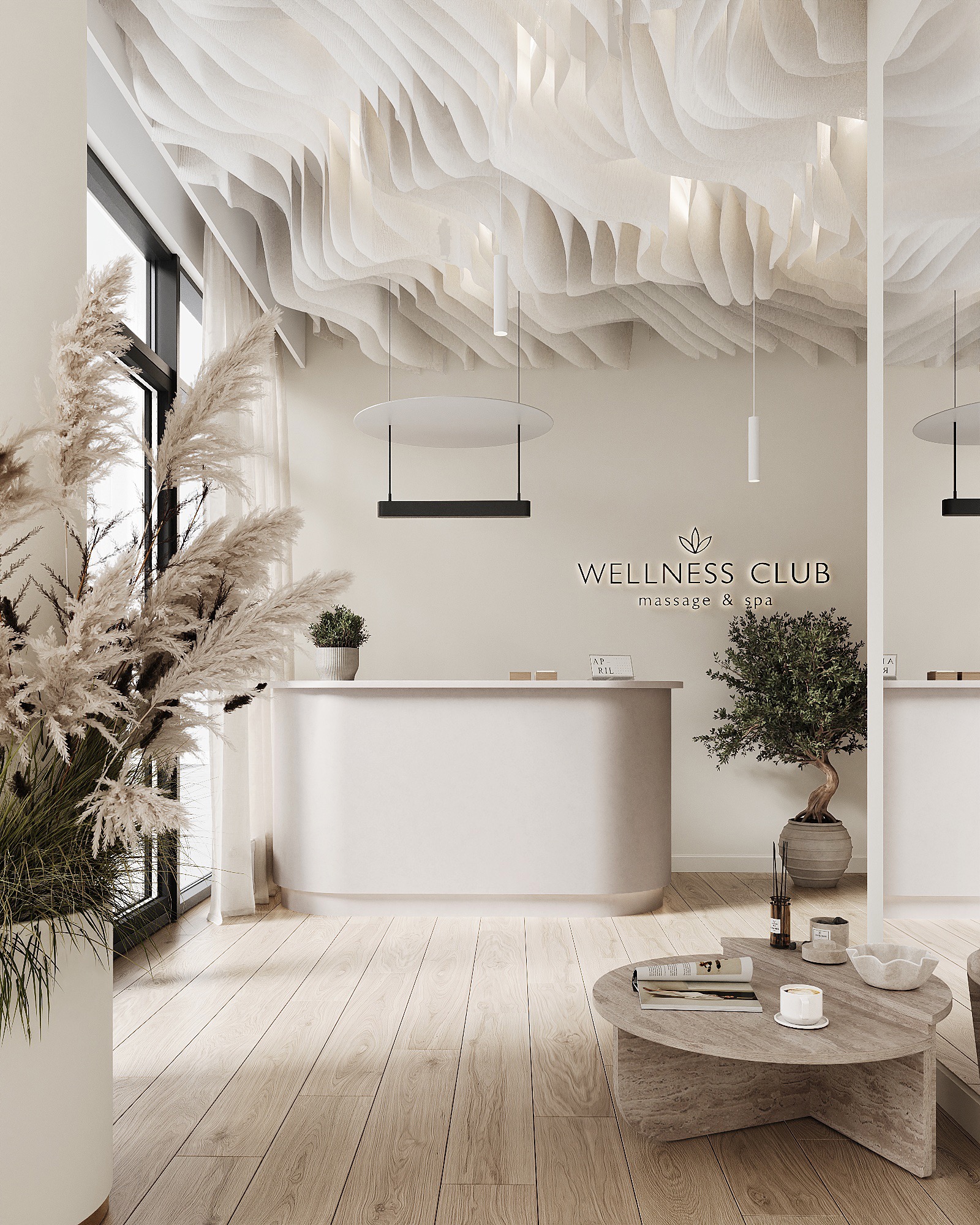 Jasne wnętrze Wellness Club z recepcją, dekoracyjnym sufitem i roślinami. Minimalistyczny design, drewniana podłoga, relaksująca atmosfera.