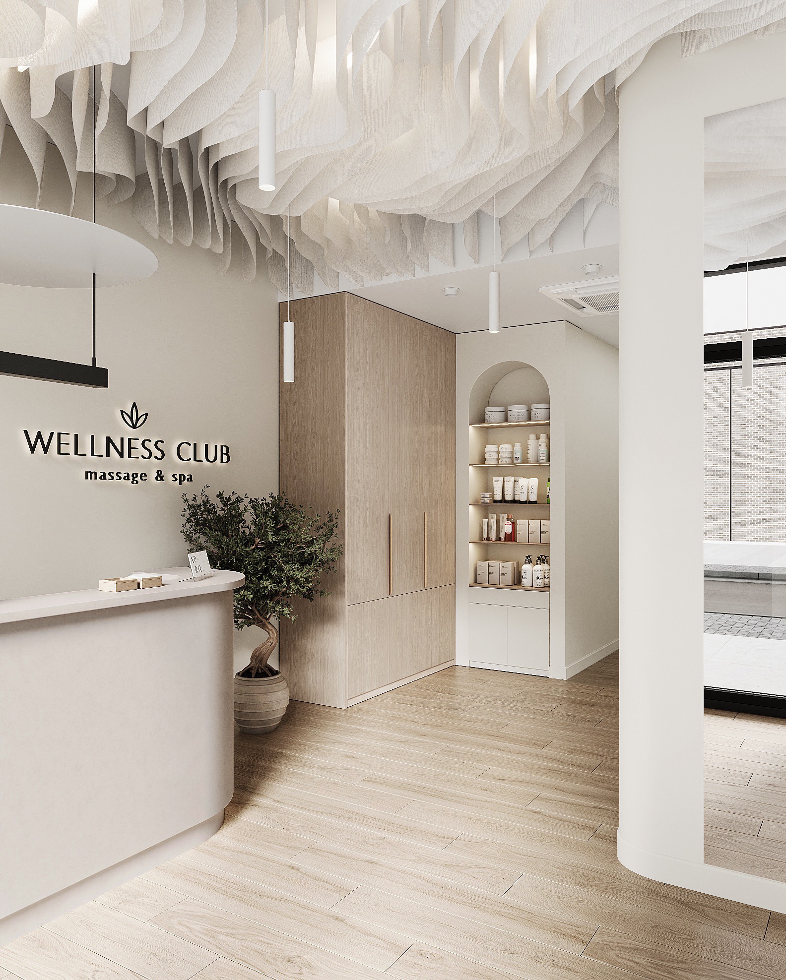 Wnętrze klubu wellness: beżowa recepcja z logo, drewniane szafy, dekoracyjny sufit i regał z kosmetykami. Stonowana kolorystyka i minimalistyczny design.