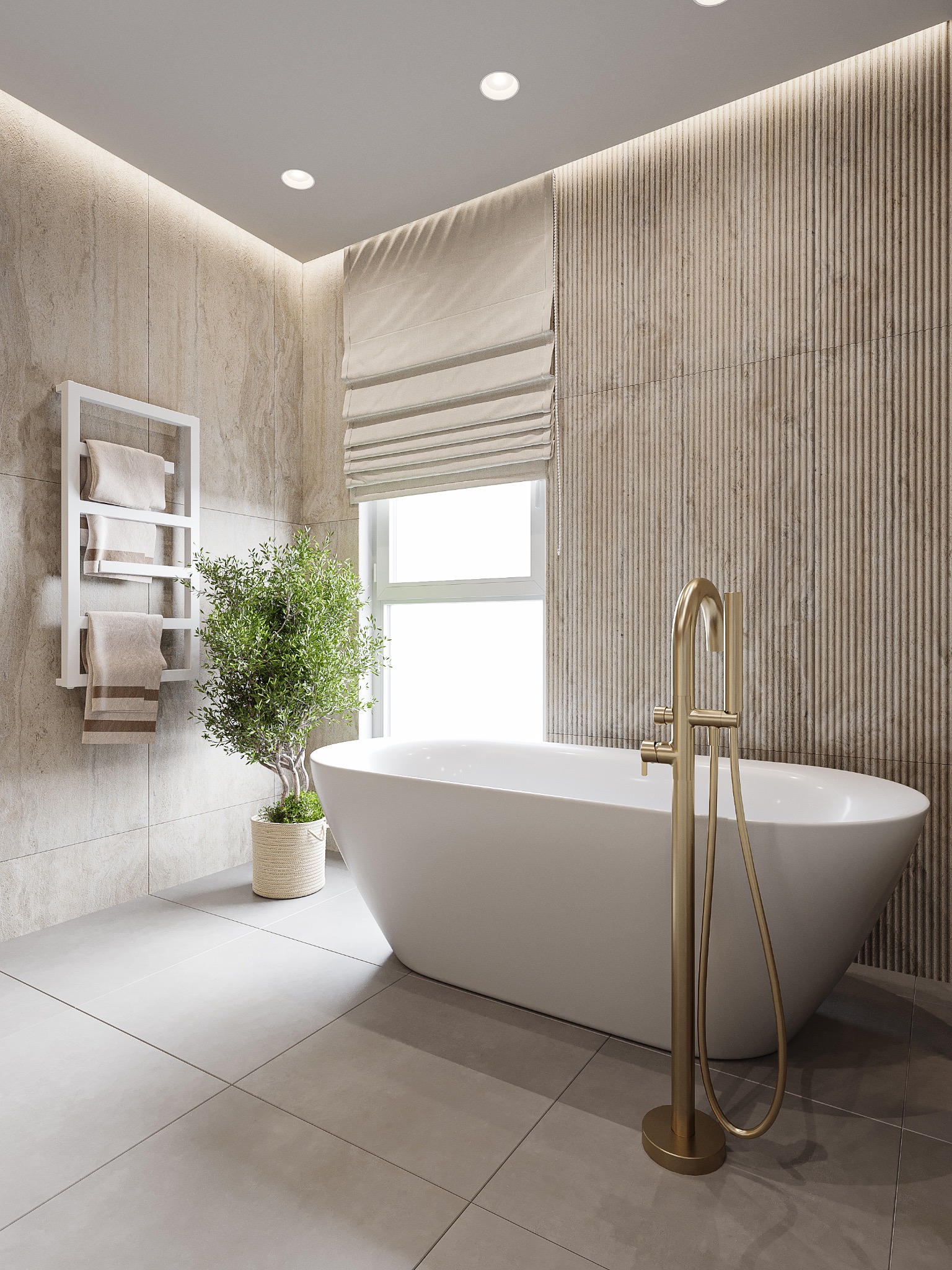 Elegancka łazienka: wolnostojąca wanna, złota armatura, teksturowana ściana i minimalistyczny grzejnik na ręczniki, dopełniona rośliną w plecionym koszu.