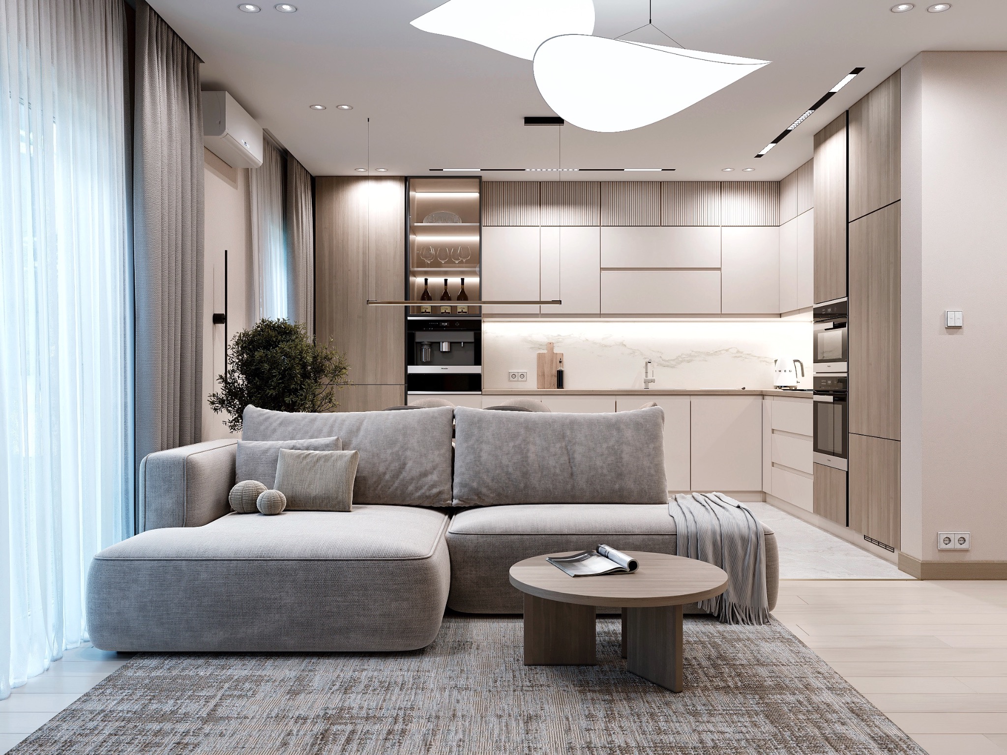 Jasne, nowoczesne wnętrze z narożnikiem, stolikiem kawowym i otwartą kuchnią. Minimalistyczne oświetlenie i neutralna kolorystyka tworzą spójną, elegancką przestrzeń.
