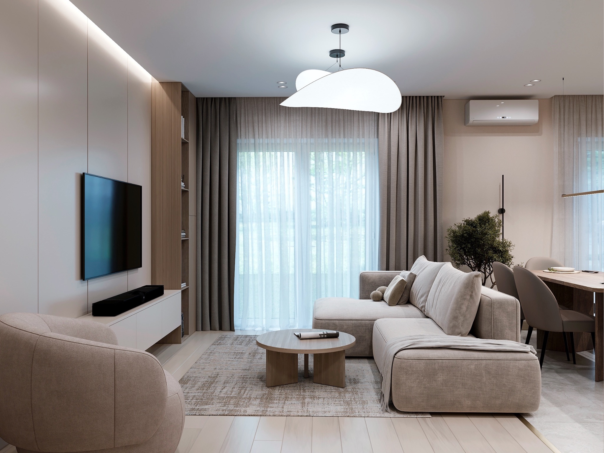 Jasny salon w beżach: sofa narożna, okrągły stolik, fotel klubowy, telewizor na ścianie. Subtelne oświetlenie, drewniane akcenty, minimalistyczny design.