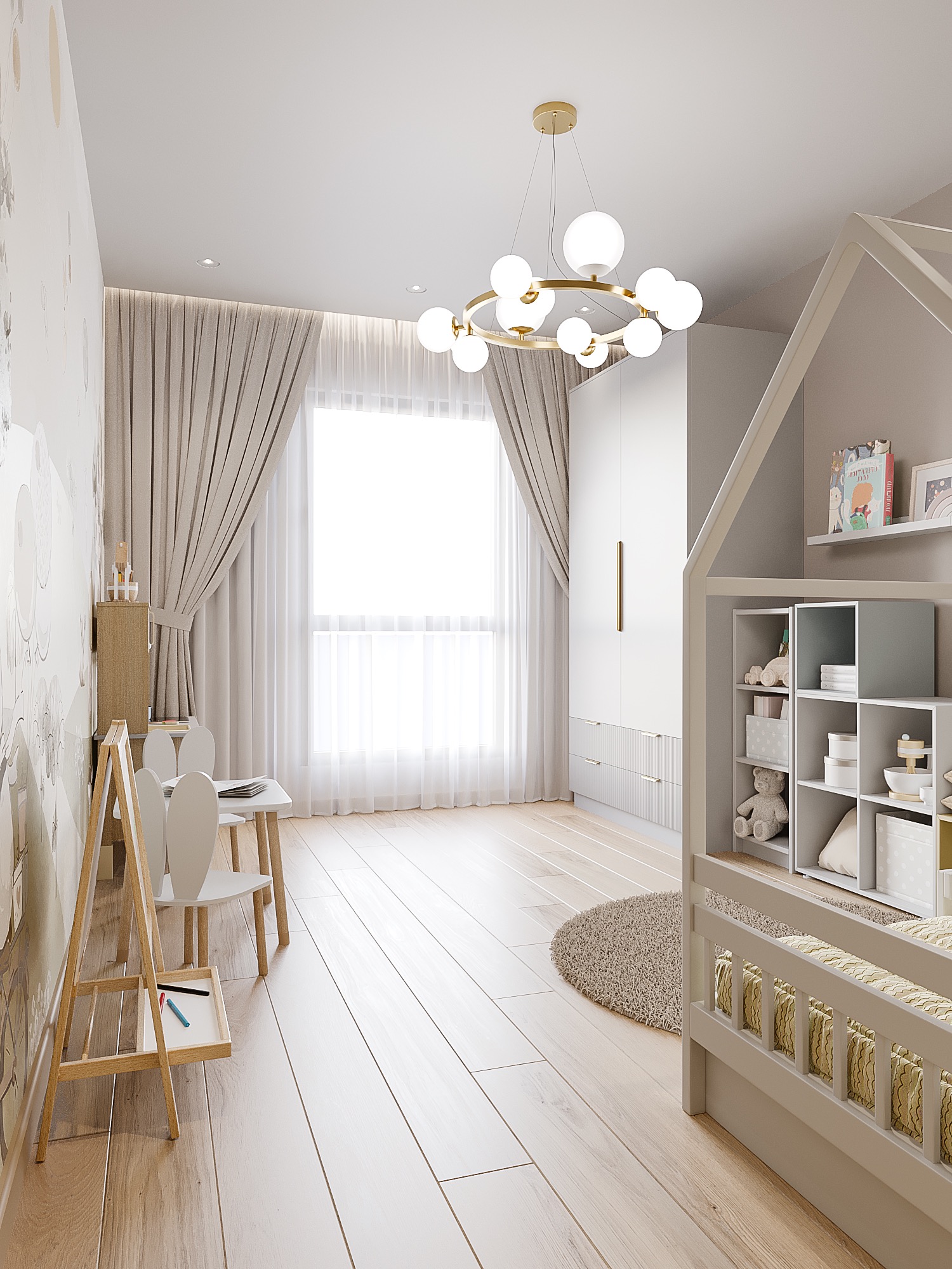 Jasny pokój dziecięcy z łóżkiem w kształcie domku, biurkiem i tablicą. Neutralna kolorystyka, drewniana podłoga i designerska lampa tworzą przytulną przestrzeń.