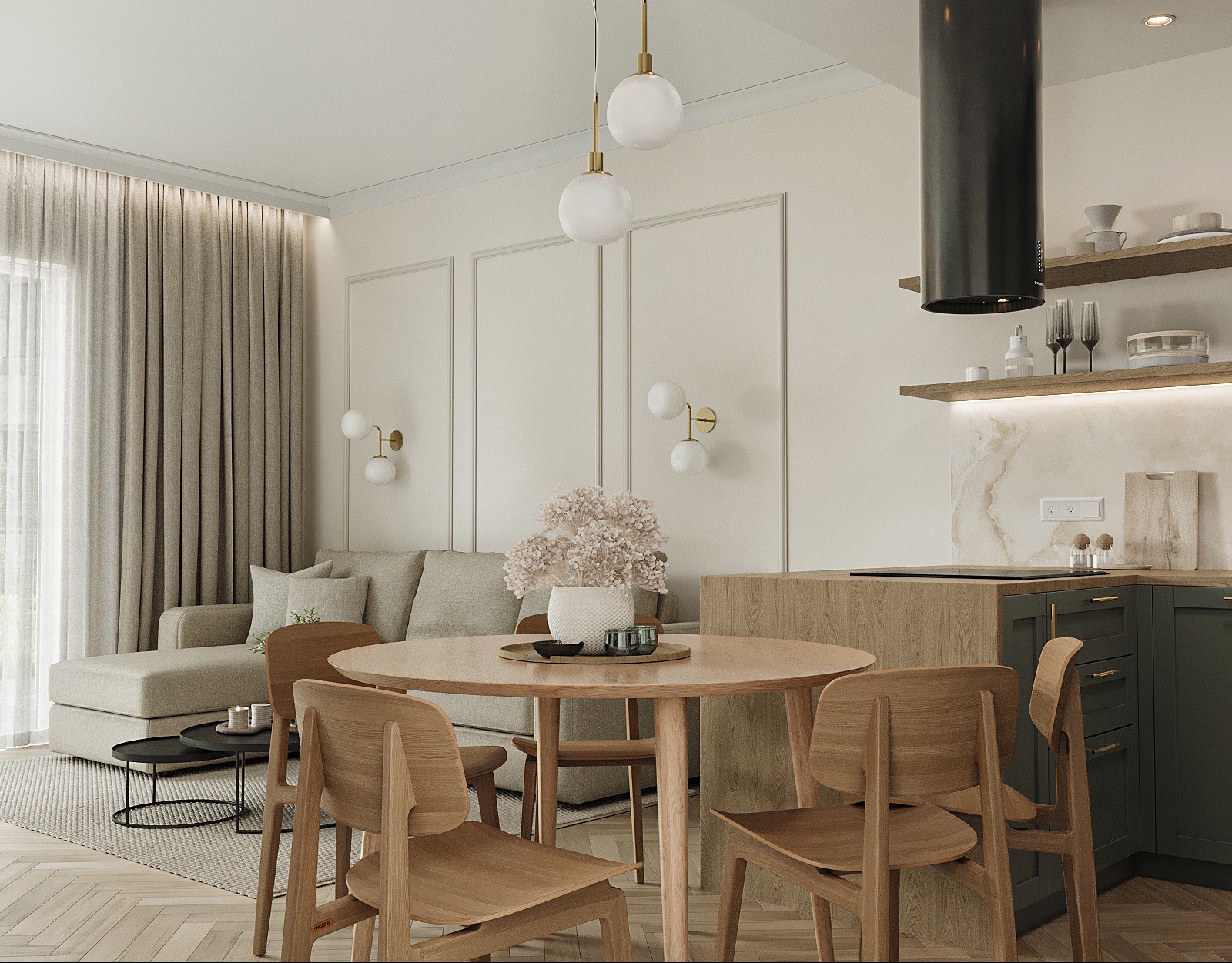 Jasne wnętrze w stylu skandynawskim: okrągły stół z drewnianymi krzesłami, sofa z poduszkami, minimalistyczna kuchnia z czarnym okapem i dekoracyjne lampy ścienne.