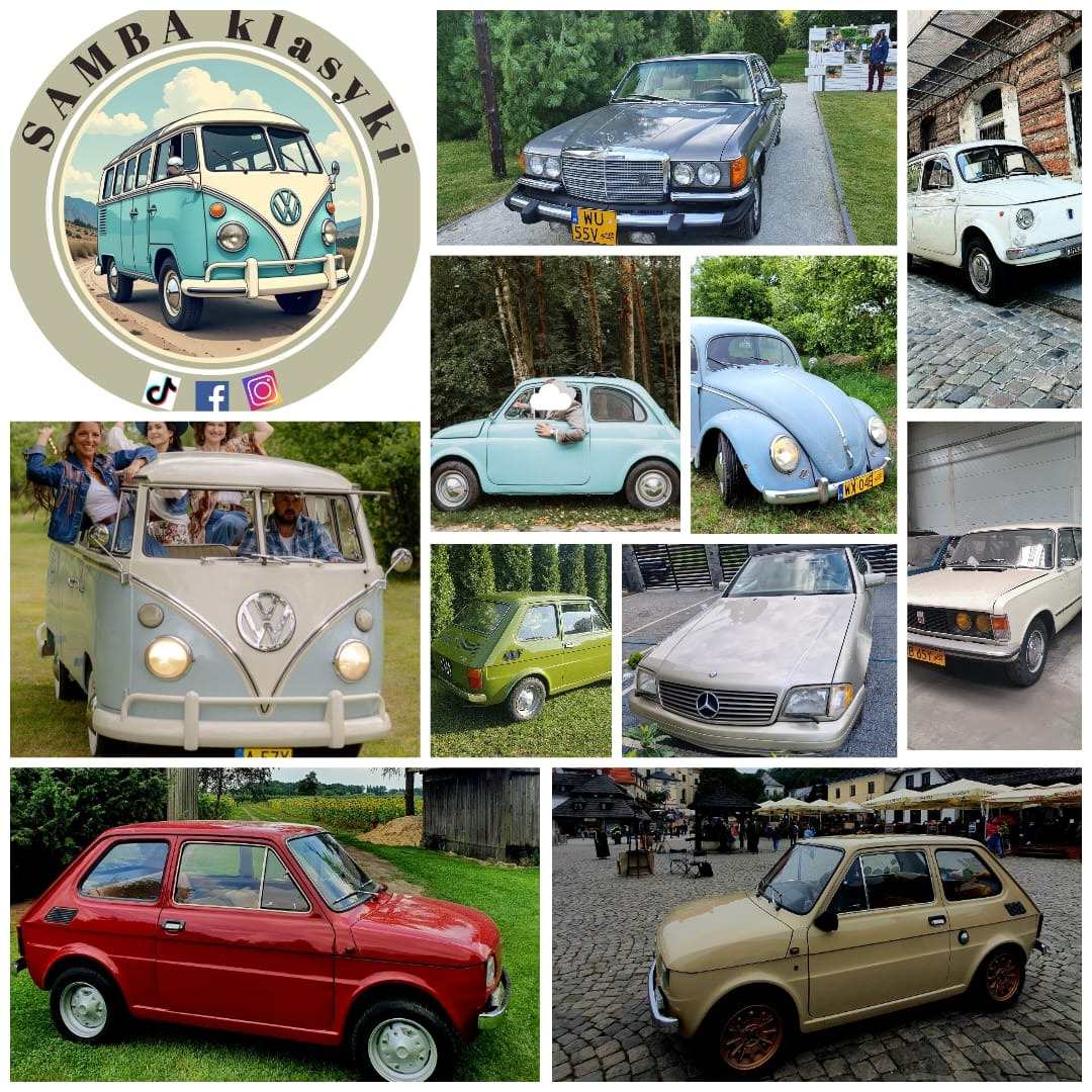 Kolaż klasycznych aut: VW Garbus, Mercedes, Fiat 126p i inne. Różne modele i kolory, odrestaurowane, prezentowane w plenerze i w mieście. Idealne na wynajem.