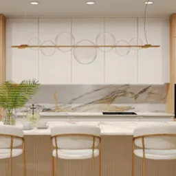 Nowoczesna kuchnia z wyspą: drewniane szafki, marmurowy backsplash, złote akcenty. Nad wyspą designerska lampa z okrągłych szklanych elementów.