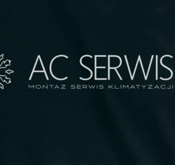 Logo firmy AC Serwis z dopiskiem: montaż, serwis klimatyzacji. Minimalistyczny znak graficzny w bieli na ciemnym tle.