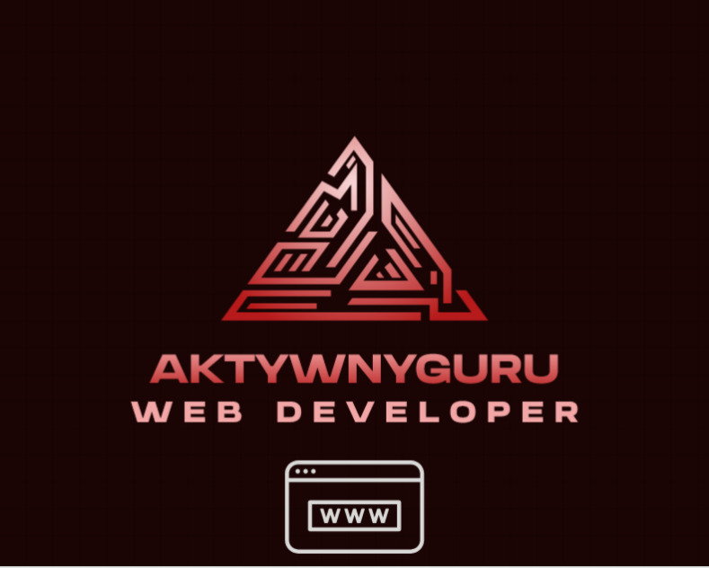 Grafika z logo 'AKTYWNYGURU WEB DEVELOPER' w odcieniach czerwieni na ciemnym tle. Symbol trójkąta i ikona przeglądarki WWW.