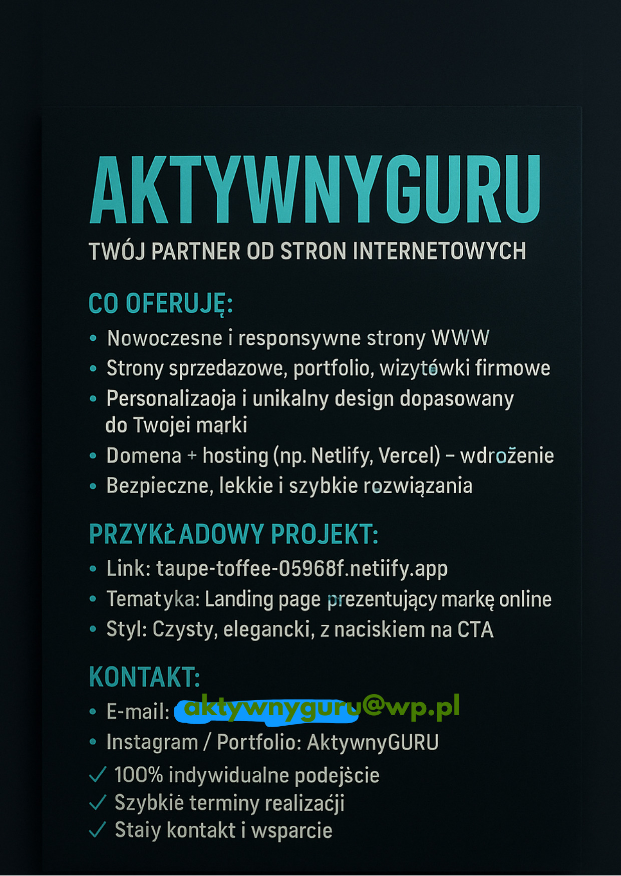 Grafika reklamowa firmy AktywnyGURU oferującej nowoczesne strony internetowe, portfolio i wizytówki. Wymienione korzyści, adres e-mail i link do przykładowego projektu.