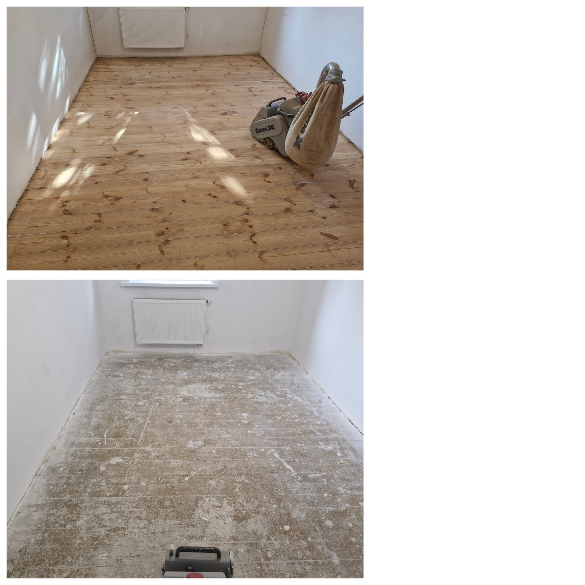 Zdjęcie 'przed i po' renowacji drewnianej podłogi. Górna część: odnowiona, jasna podłoga z maszyna Bona X. Dolna część: podłoga przed renowacją, z resztkami farby.
