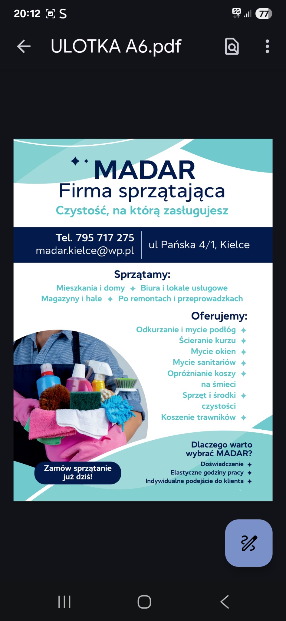 Ulotka firmy sprzątającej MADAR z Kielc. Oferta: sprzątanie domów, biur, po remontach, mycie okien, koszenie trawników. Kontakt: tel. 795 717 275, madar.kielce@wp.pl.