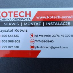 KOTECH SERWIS - Wizytówka firmy KOTECH Technika Grzewcza z Brzegu, oferującej serwis, montaż i instalacje. Zawiera dane kontaktowe: telefony, adres i e-mail.