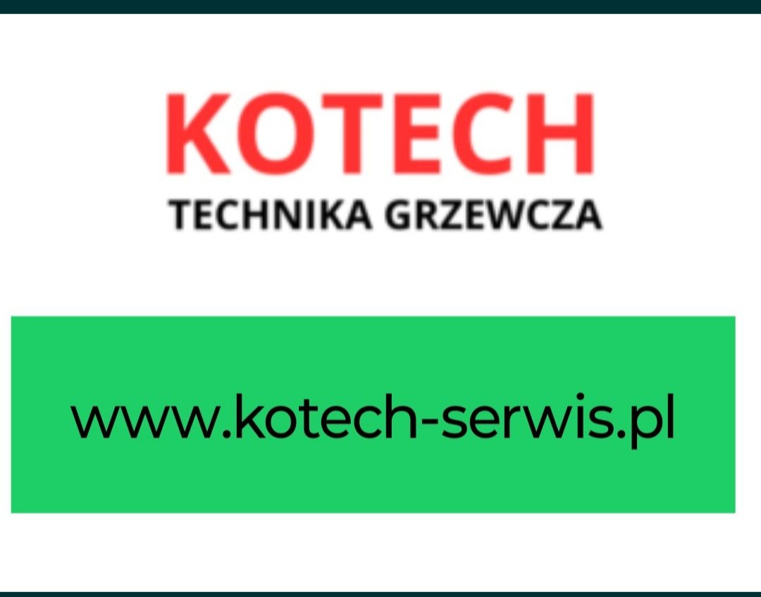 Logo firmy KOTECH Technika Grzewcza z adresem strony internetowej www.kotech-serwis.pl na zielonym tle.