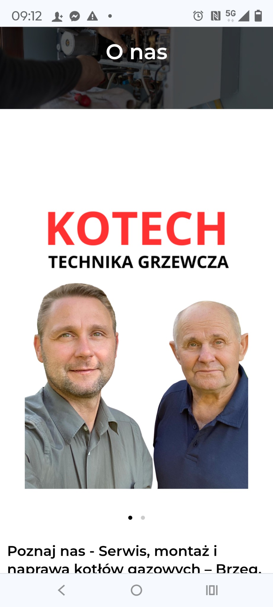 Zdjęcie z ekranu telefonu prezentujące firmę KOTECH Technika Grzewcza, oferującą serwis, montaż i naprawę kotłów gazowych, z wizerunkami dwóch mężczyzn.