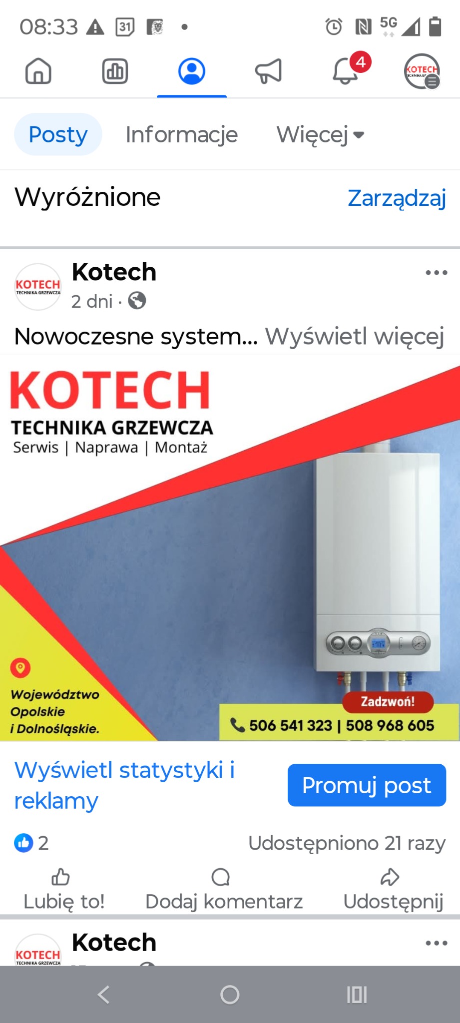 Grafika reklamowa firmy Kotech z piecem gazowym, logo, numerami telefonów i informacją o obszarze działania: województwa opolskie i dolnośląskie. Nowoczesne systemy grzewcze.