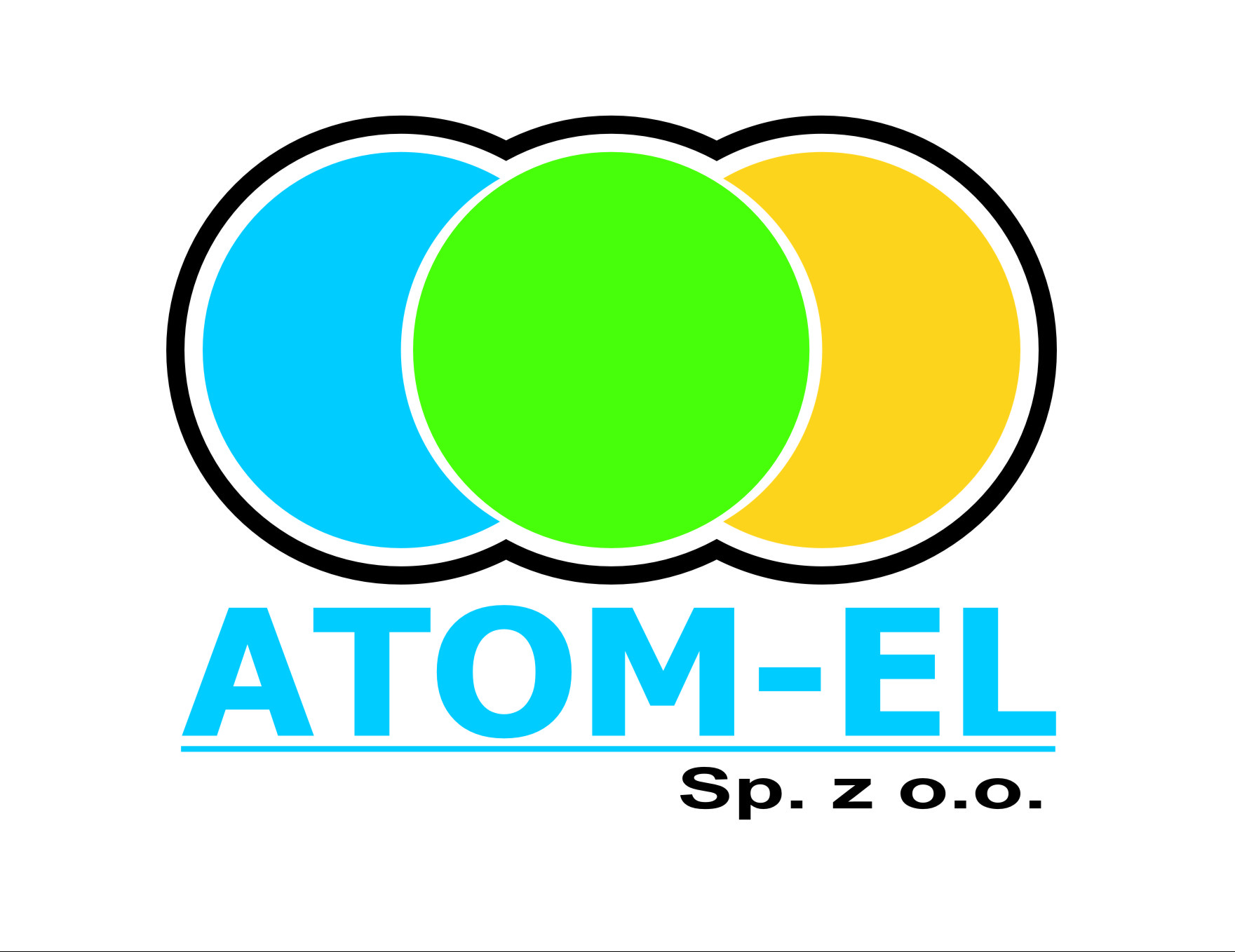 Logo firmy ATOM-EL Sp. z o.o. z trzema nakładającymi się okręgami: niebieskim, zielonym i żółtym, obrysowanymi czarną linią. Nazwa firmy w kolorze niebieskim.