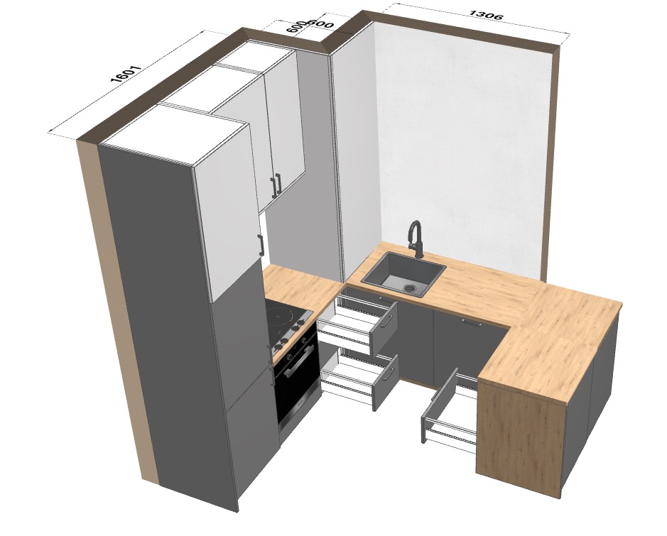 Wizualizacja 3D szarej kuchni w kształcie litery L z drewnianym blatem, z otwartymi szufladami i wymiarami na ścianach. Nowoczesny projekt kuchni na wymiar.